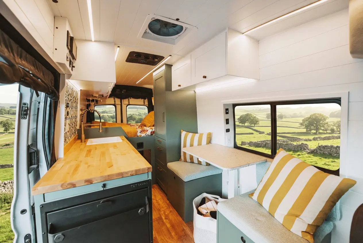 The Drifter 101 Ford Transit campervan built for Kristina by Drifter Vans: full interior with Moroccan tile backsplash, sage green cabinetry, butcher block counter and dinette workspace with striped cushions, countryside views through the windows