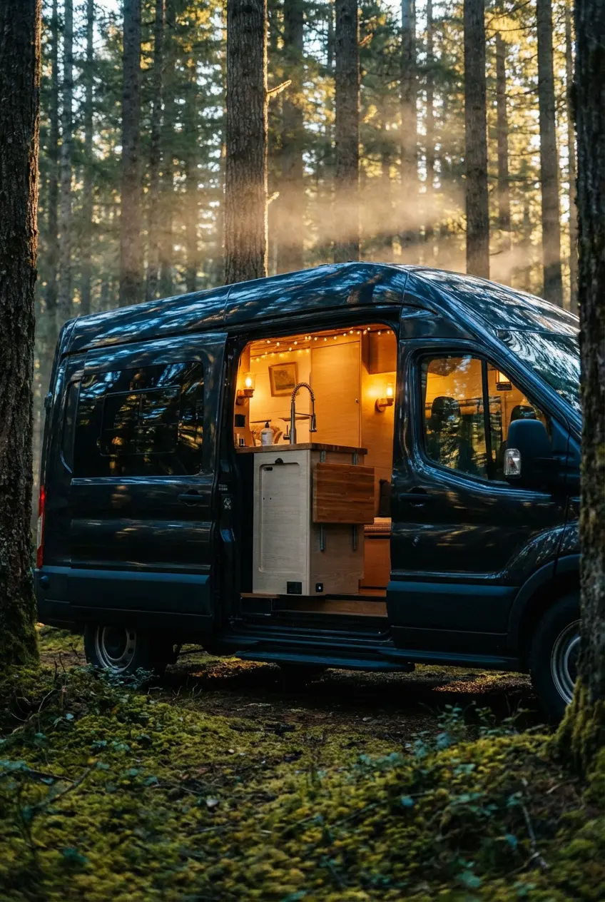 Drifter Primara Collection build 02 of 24 Ford Transit campervan parked in a pine forest at dusk, sliding door open showing the warm-lit white oak galley