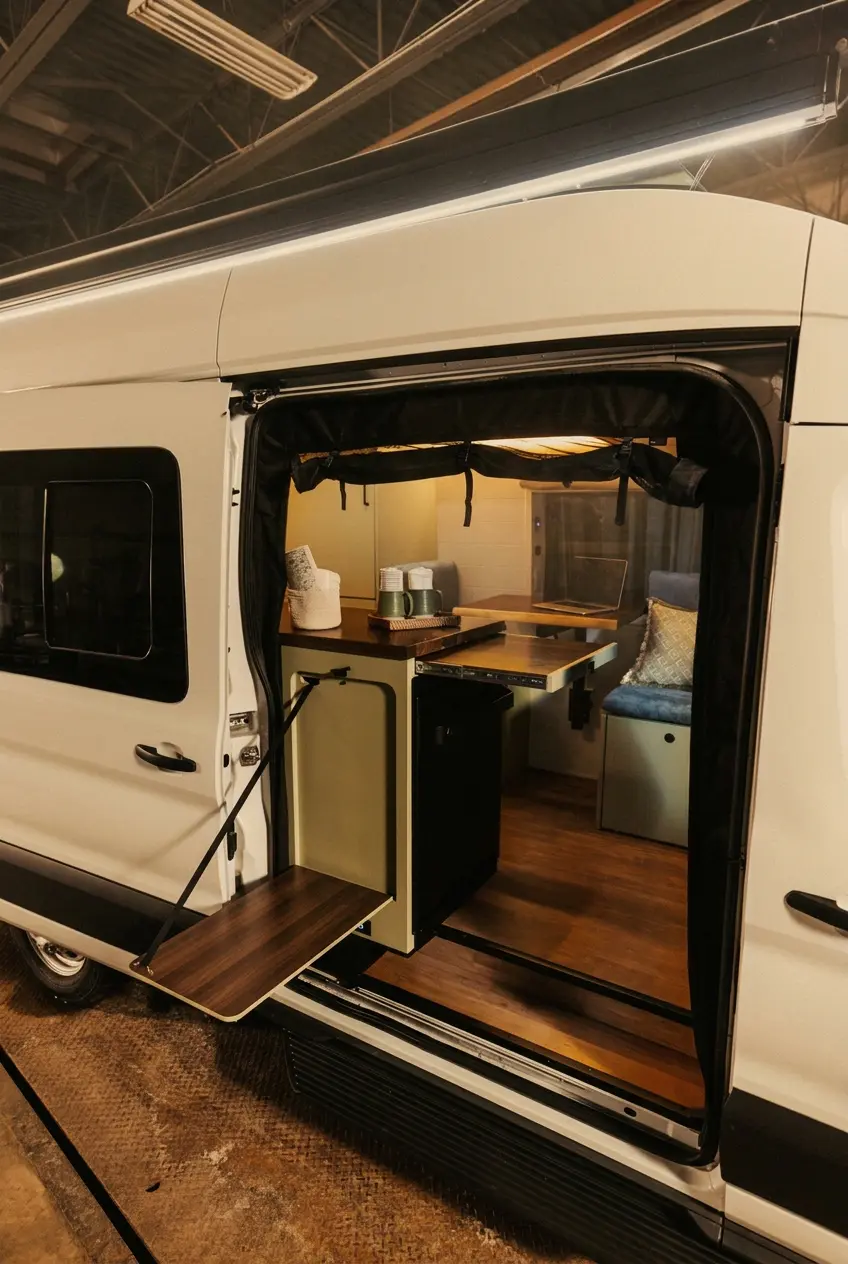 Drifter Primara Collection build 01 of 24 Ford Transit Extended campervan: sliding door open with fold-out walnut exterior table, Grassland green galley cabinets and dinette workspace inside