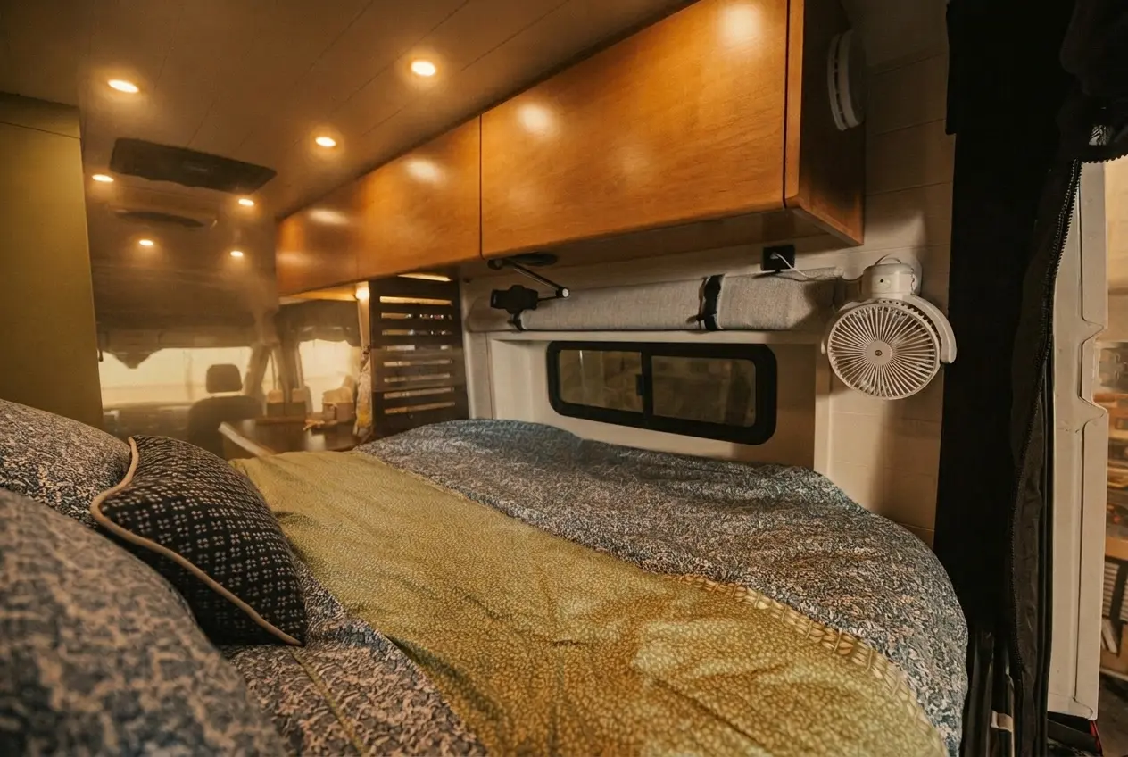 Drifter Primara Collection build 01 of 24 Ford Transit campervan: rear bed with layered green and floral bedding under stained maple upper cabinets, window shade and clip fan, view toward the dinette