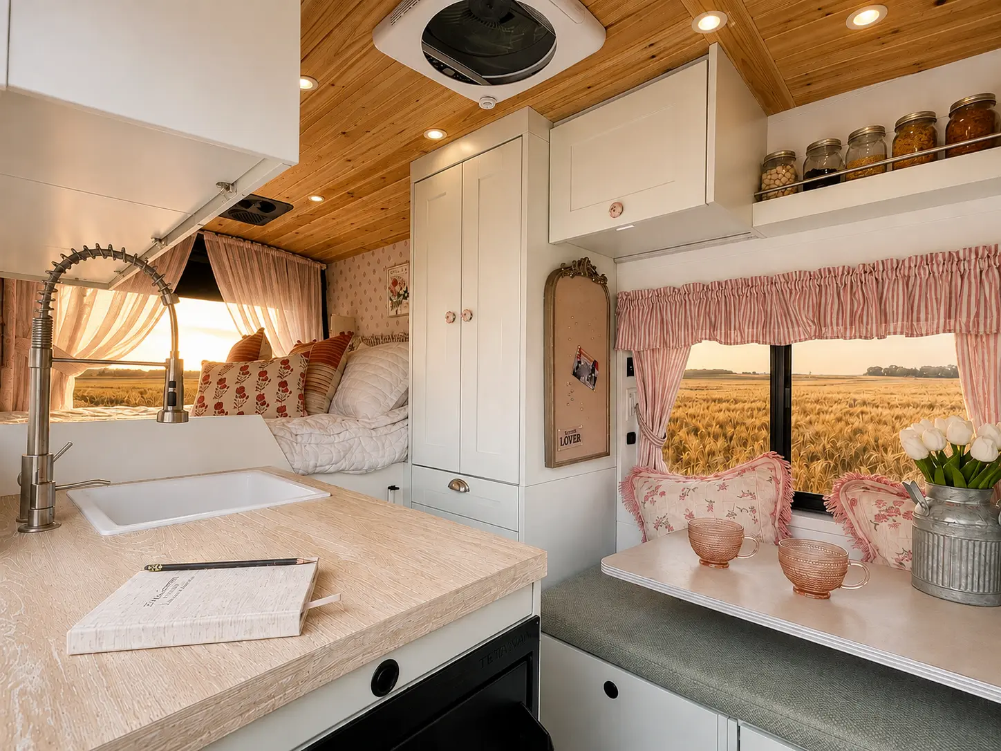 The Drifter 101 Ford Transit campervan built for Lori Smith by Drifter Vans: cottage garden interior with pink striped curtains, floral pillows, whitewashed oak counter with farmhouse sink, wheat field views at sunset