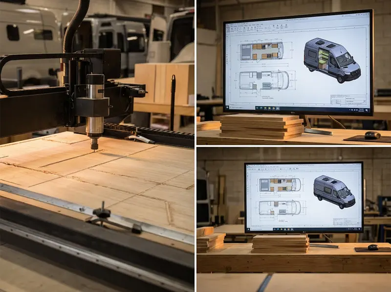 Drifter Vans custom campervan build process: CNC machine cutting cabinetry panels beside CAD design plans of a Sprinter conversion on screen in the Michigan workshop