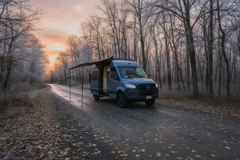 Finished custom Mercedes-Benz Sprinter campervan by Drifter Vans with side awning extended, parked on a frost-covered forest road at sunset