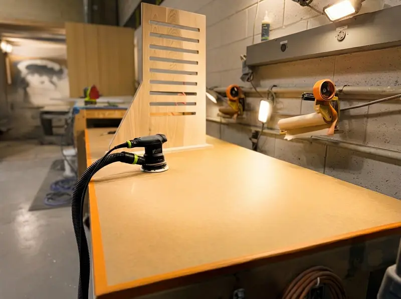 Drifter Vans workshop sanding station with orbital sander and a slotted cabinet panel in progress, part of the custom campervan build process in Michigan