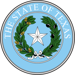 Texas state seal with a white star, surrounded by olive and live oak branches.