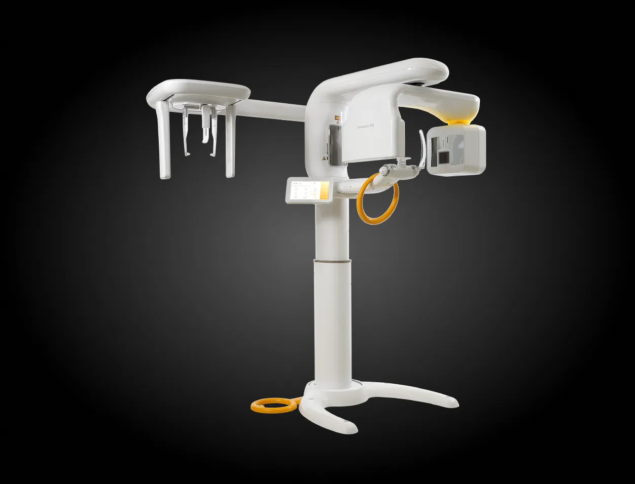 A dental panoramic X-ray machine with a modern, sleek design stands against a dark backdrop.