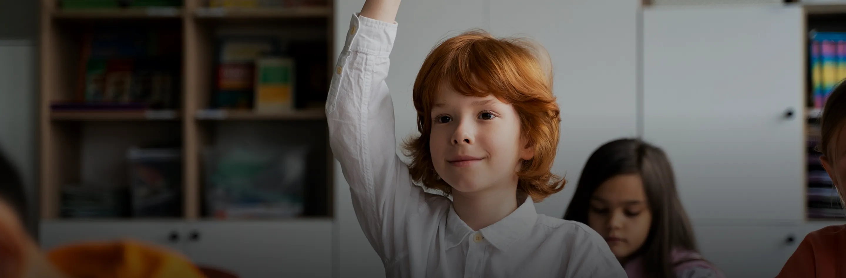 Student raising his hand in a classroom