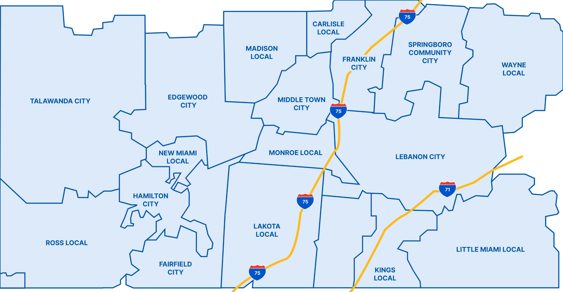 Map of school districts served across Warren and Butler counties