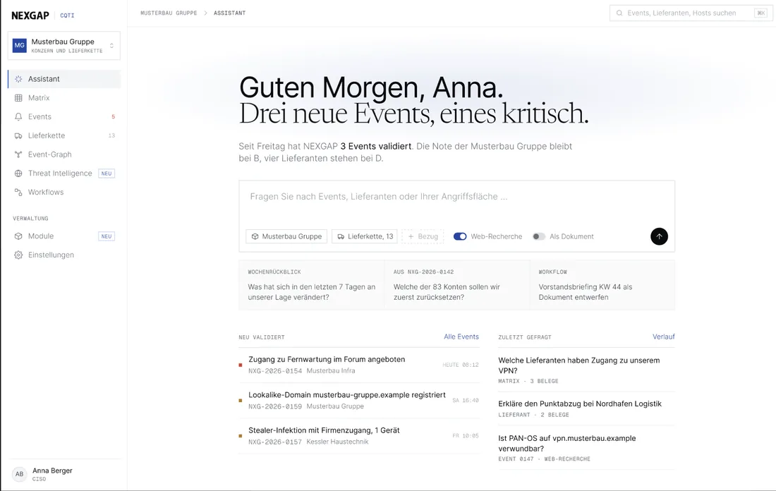 NEXGAP Console, CQTI Assistant mit neu validierten Events, Beispieldaten