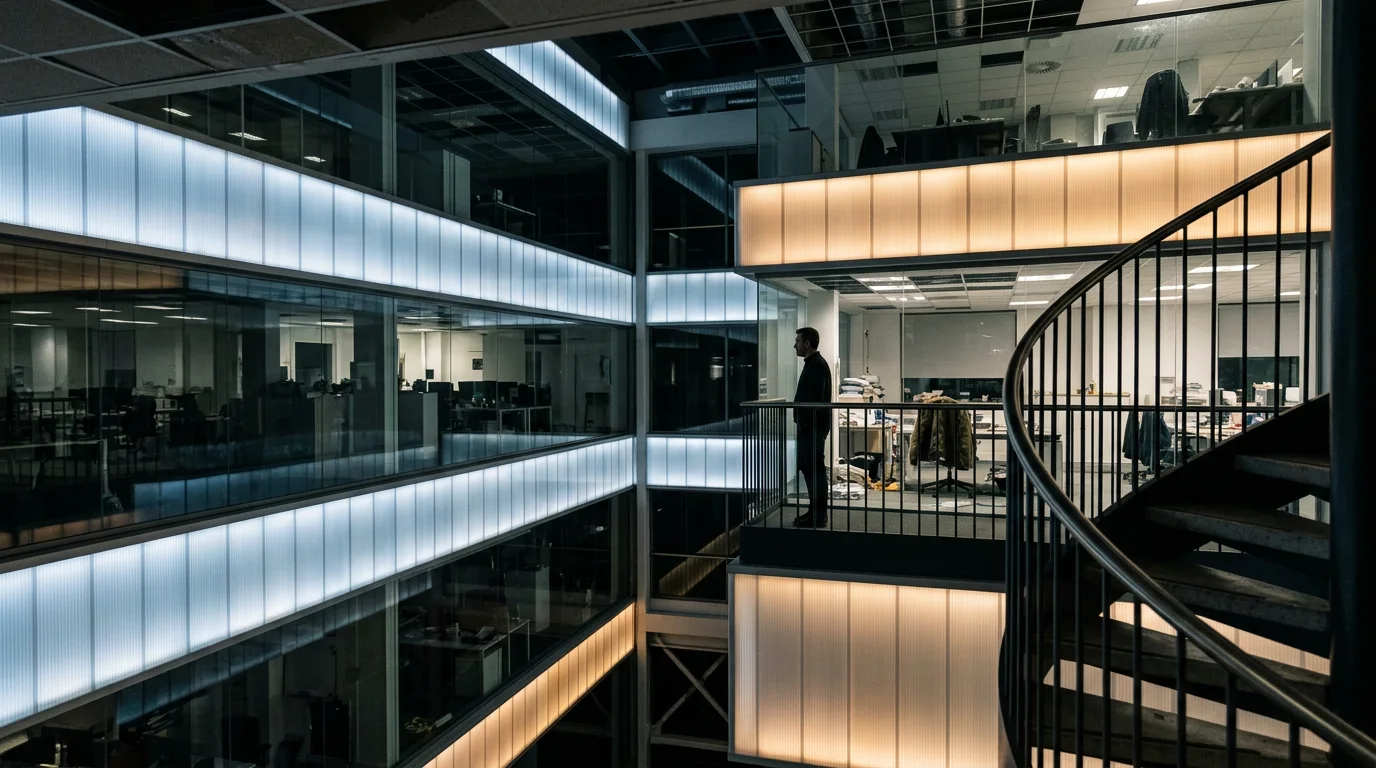 Bürogebäude mit Atrium bei Nacht, leuchtende Brüstungen und eine Person an der Treppe