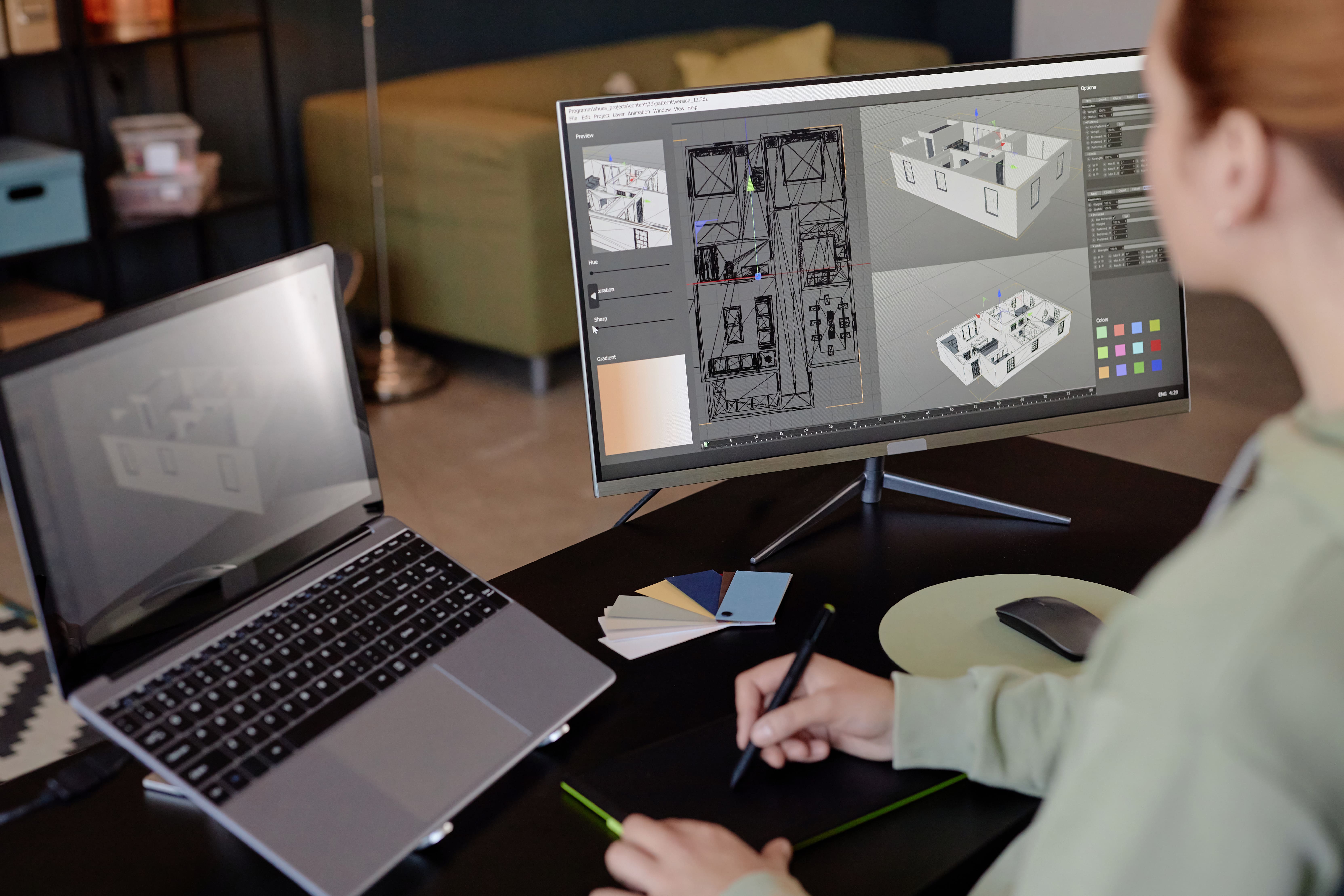 3D visualisatie van een woningontwerp op een computerscherm voor het uitwerken van bouwtekeningen en renovatieplannen.