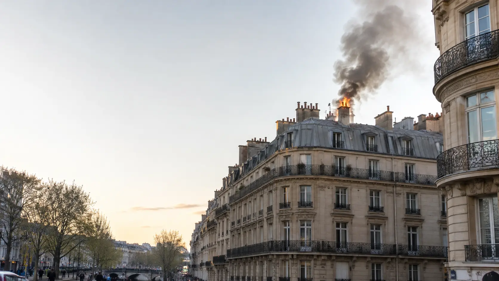Feu de cheminée au débouché d'une souche sur un immeuble haussmannien, fumée noire au-dessus des toits