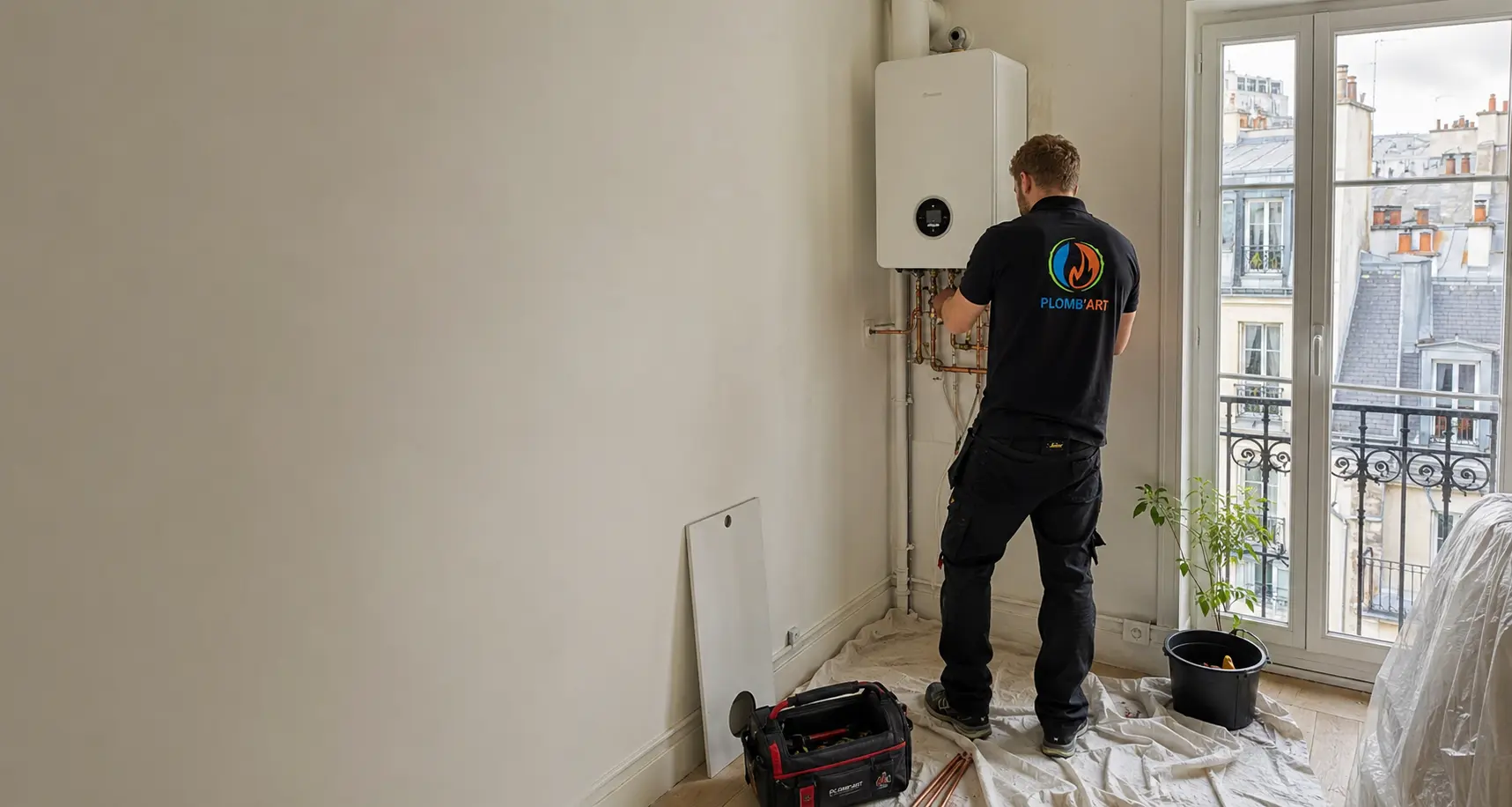 Pose d'une chaudière gaz neuve et de ses raccordements cuivre dans un appartement parisien en travaux