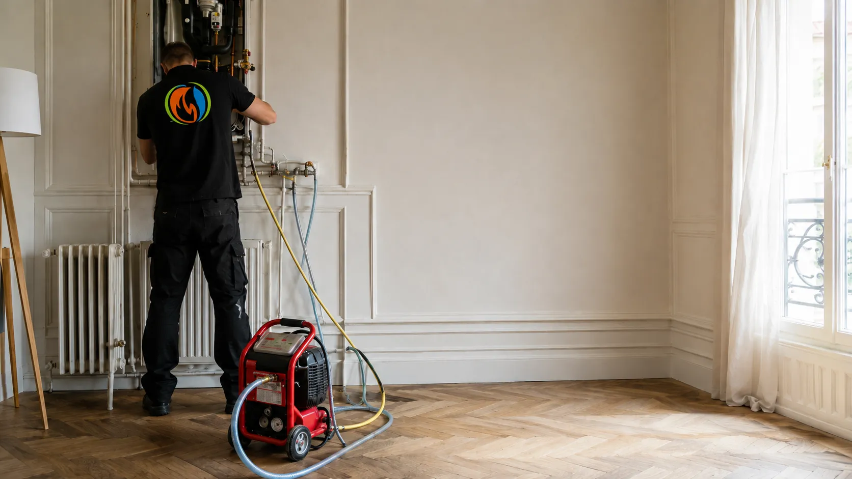 Désembouage d'un circuit de chauffage dans un appartement haussmannien vide, pompe de rinçage au sol