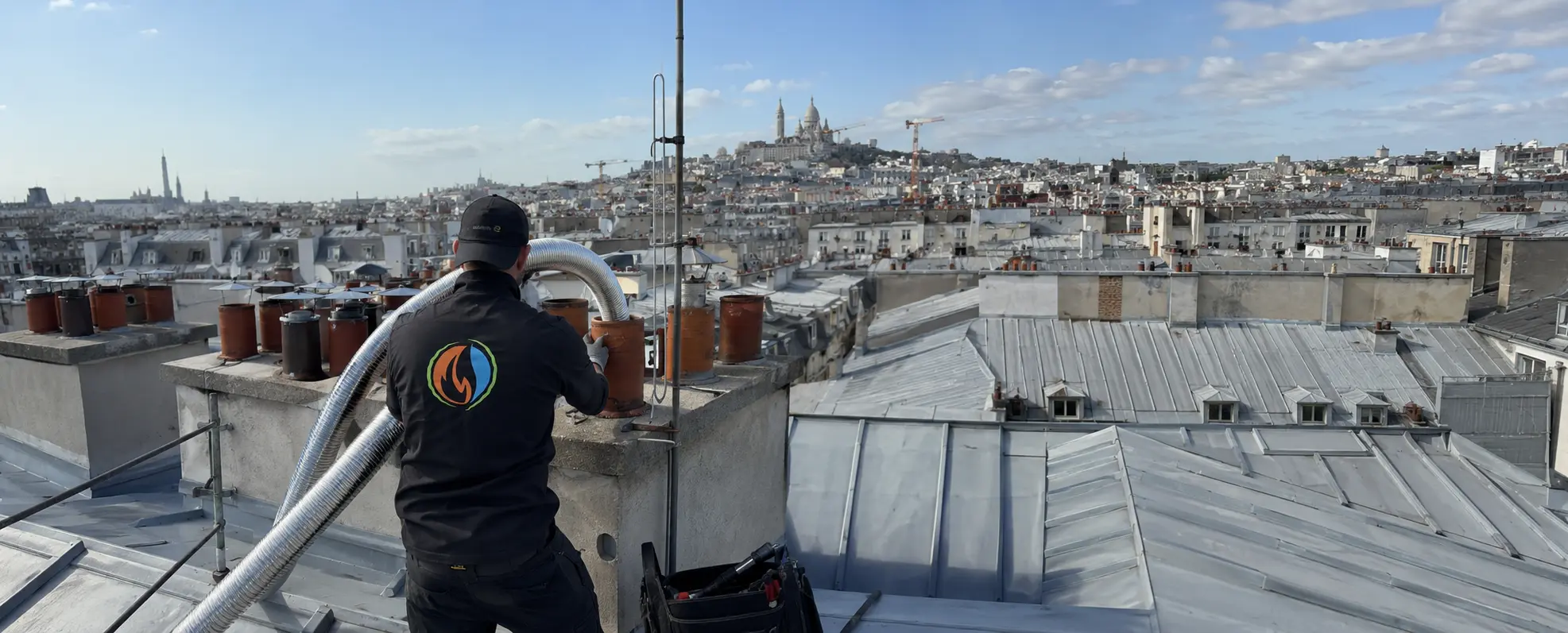 Pose d'un tubage flexible dans une souche de cheminée sur un toit de Paris, Sacré-Cœur à l'horizon
