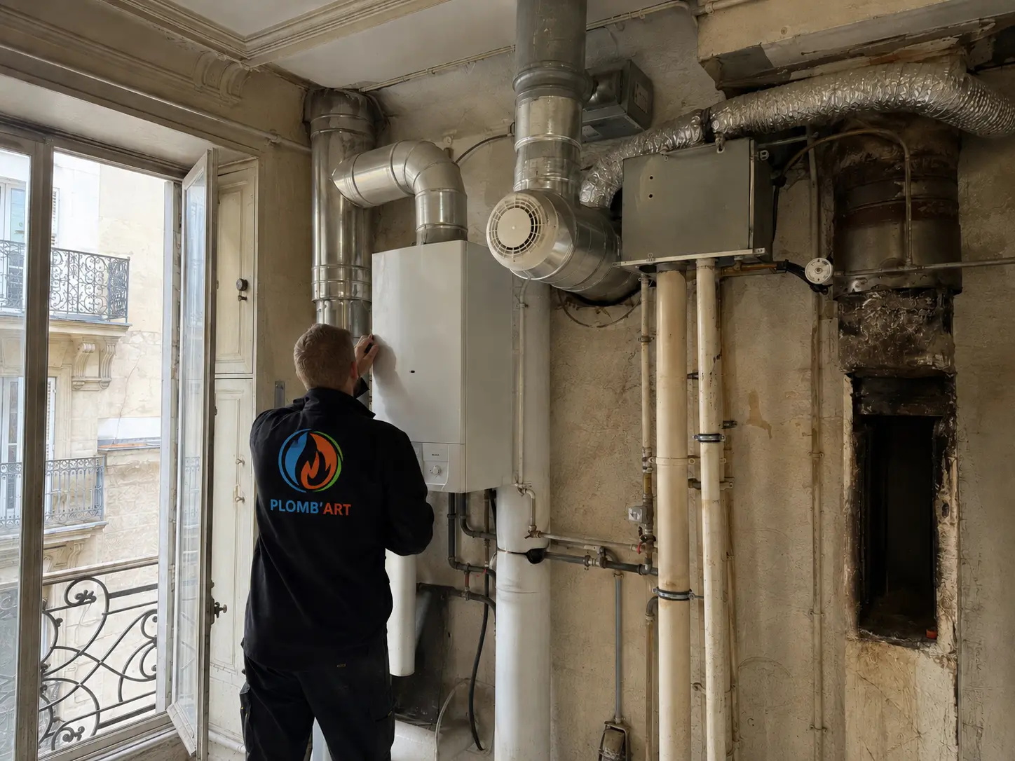 Chaudière gaz murale et réseau de ventilation dans un appartement ancien, conduit désaffecté à droite