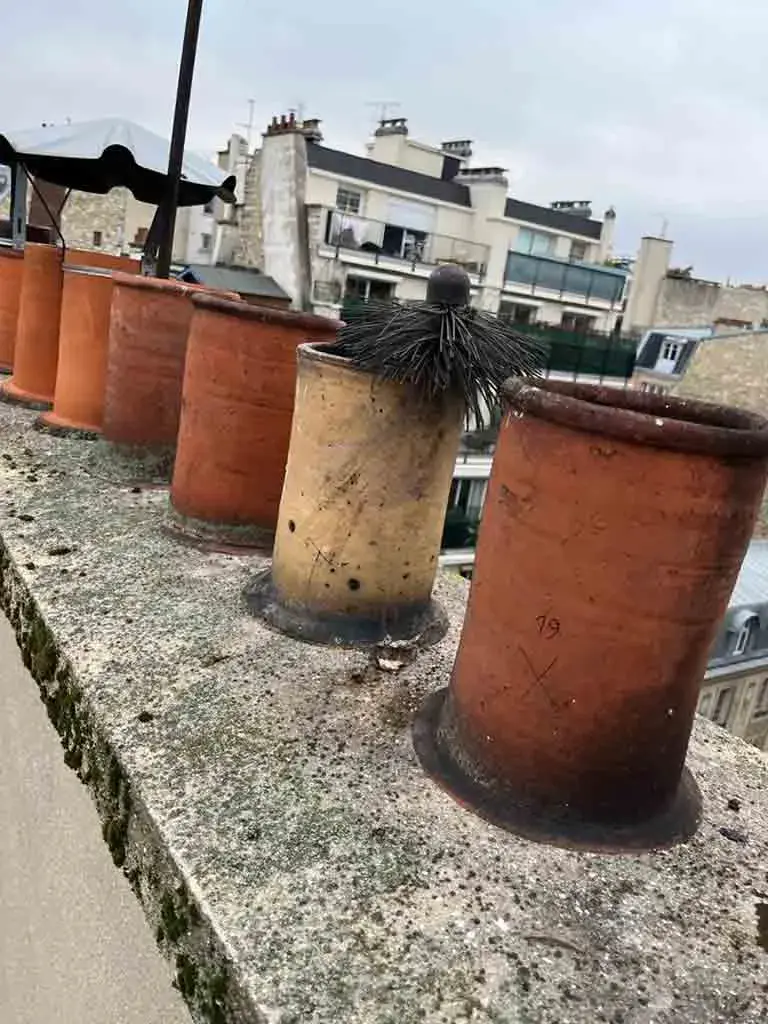 Hérisson de ramonage émergeant d'un mitron au sommet d'une souche, conduits en terre cuite alignés