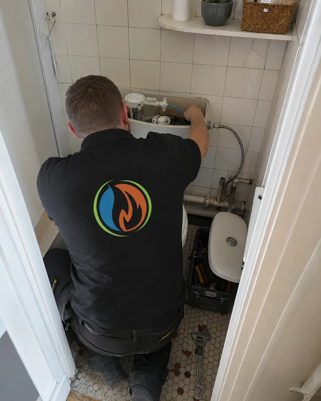 Technicien Plomb'Art remplaçant le mécanisme de chasse d'eau dans des toilettes carrelées