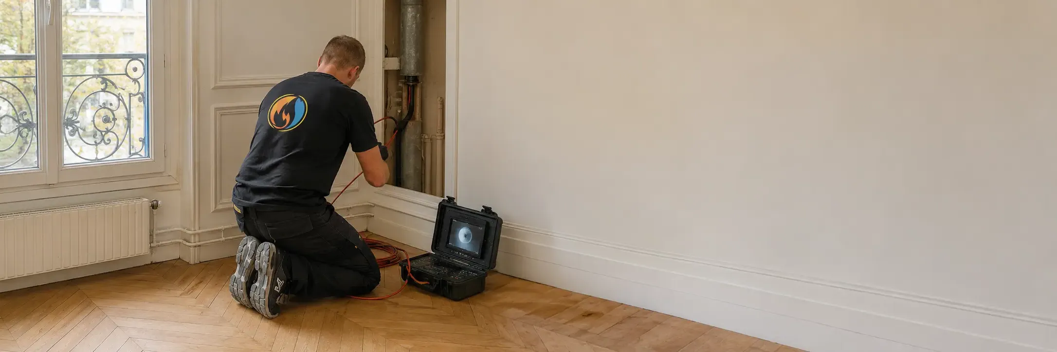 Technicien Plomb'Art inspectant un conduit à la caméra dans un appartement haussmannien vide