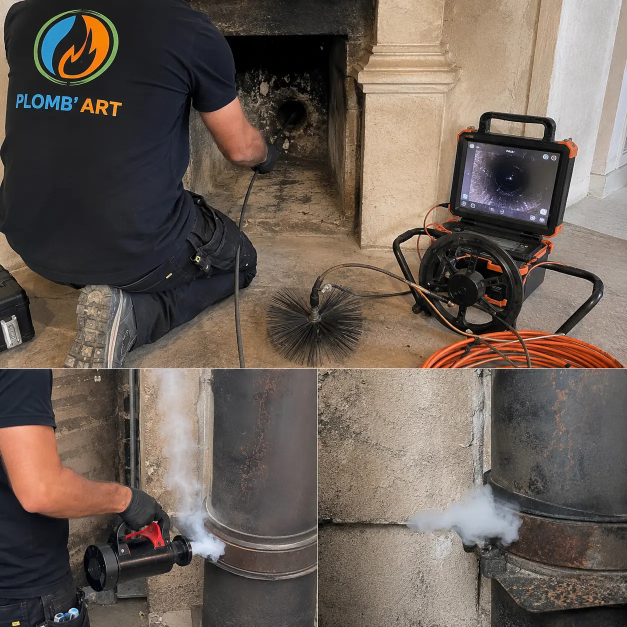 Montage de trois vues : inspection caméra d'un conduit et test fumigène révélant une fuite au raccord