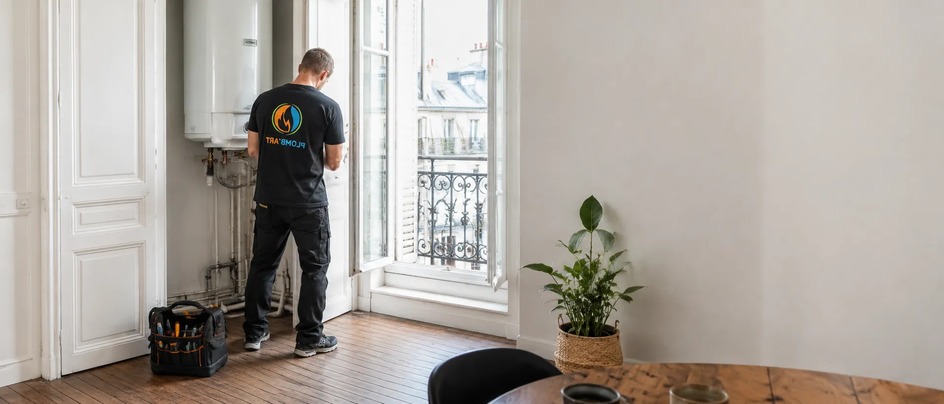 Technicien Plomb'Art devant un ballon d'eau chaude mural dans un appartement parisien, sacoche au sol