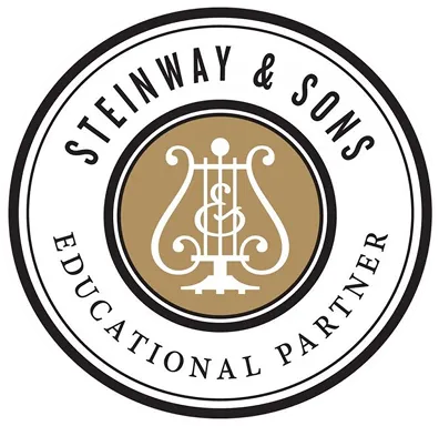 Steinway & Sons logo with a lyre symbol and the text Educational Partner in a circular layout.