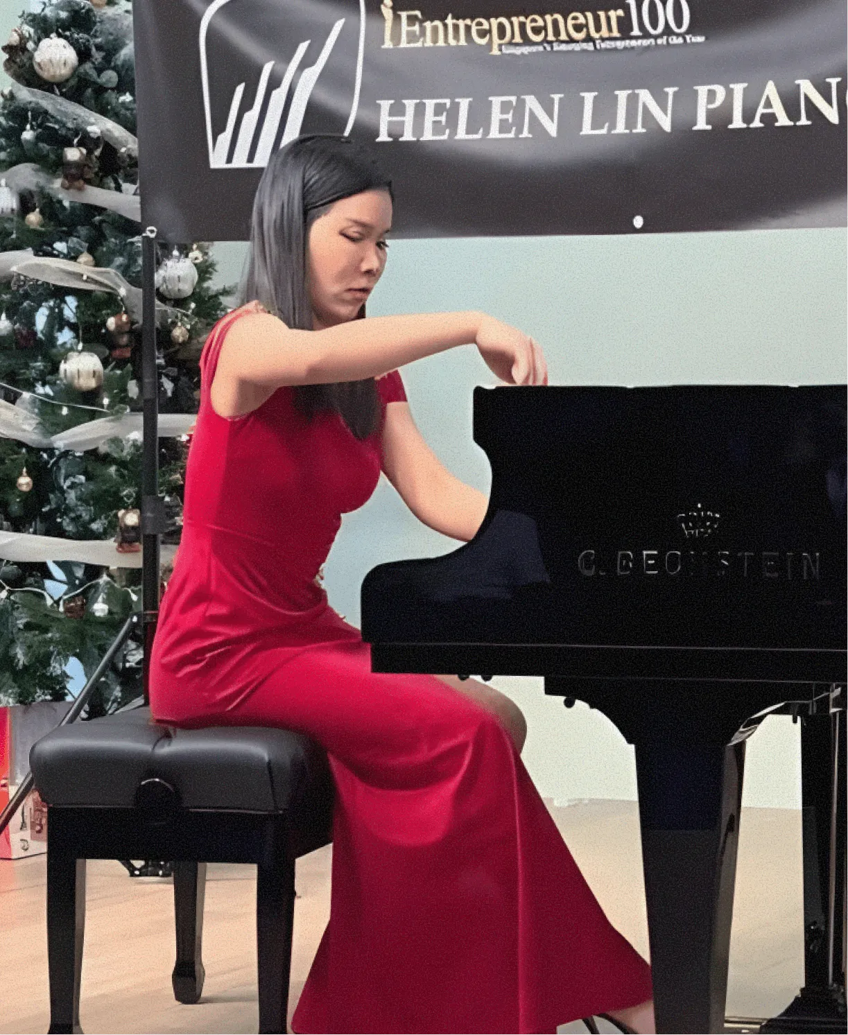 Piano teacher guiding a young student during a lesson