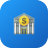 Bank building icon with a dollar sign on a gold coin above the entrance on a blue background.