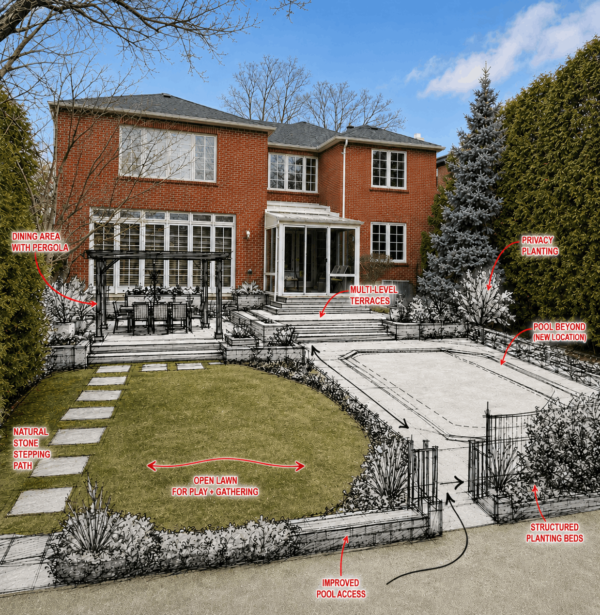Landscape design concept overlay showing a proposed backyard pool, terraces, pathways, and seating areas drawn over an existing residential yard