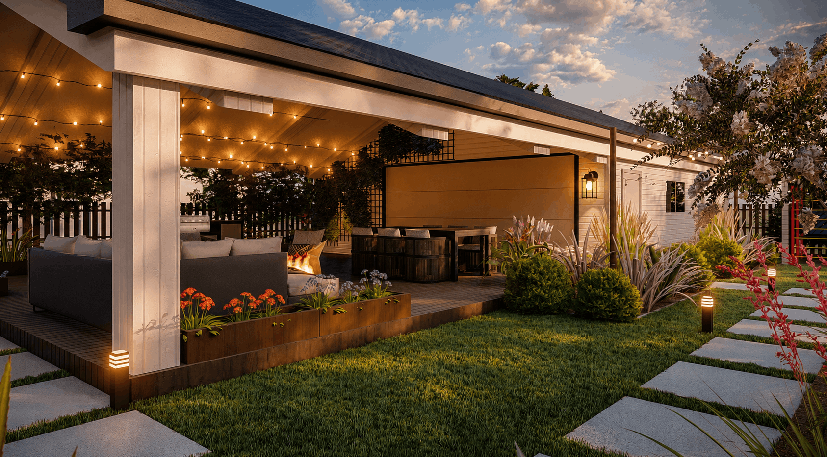 A beautiful backyard showcasing a covered structure with seating area underneath