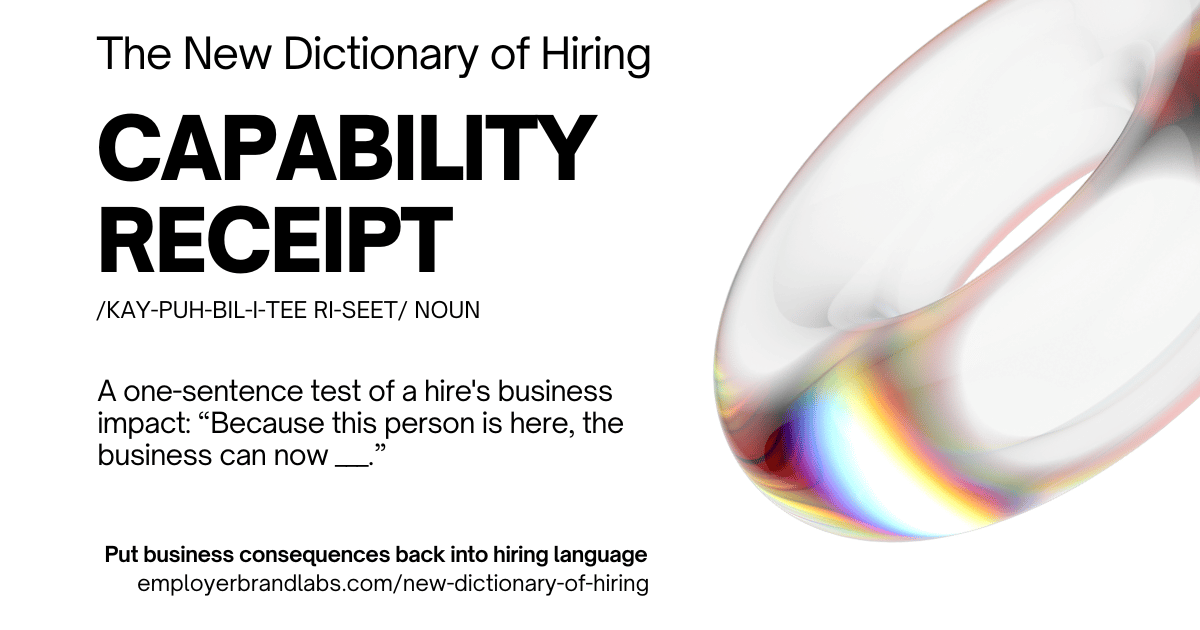 The New Dictionary of Hiring card: The Capability Receipt, noun. A one-sentence test of a hire's business impact: “Because this person is here, the business can now ___.” Abstract iridescent glass shape on a white background.