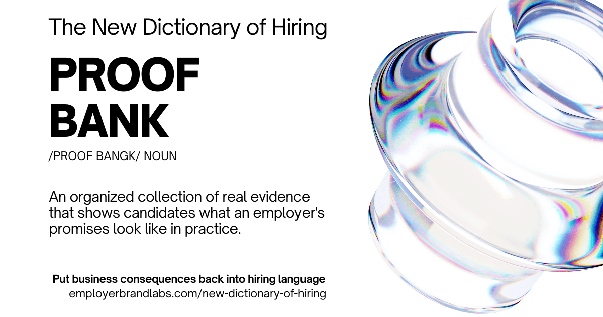 The New Dictionary of Hiring card: Proof Bank, noun. An organized collection of real evidence that shows candidates what an employer's promises look like in practice. Abstract iridescent glass shape on a white background.