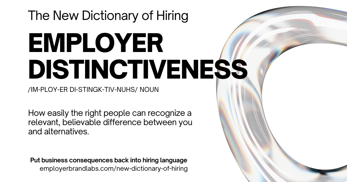 The New Dictionary of Hiring card: Employer Distinctiveness, noun. How easily the right people can recognize a relevant, believable difference between you and alternatives. Abstract iridescent glass shape on a white background.