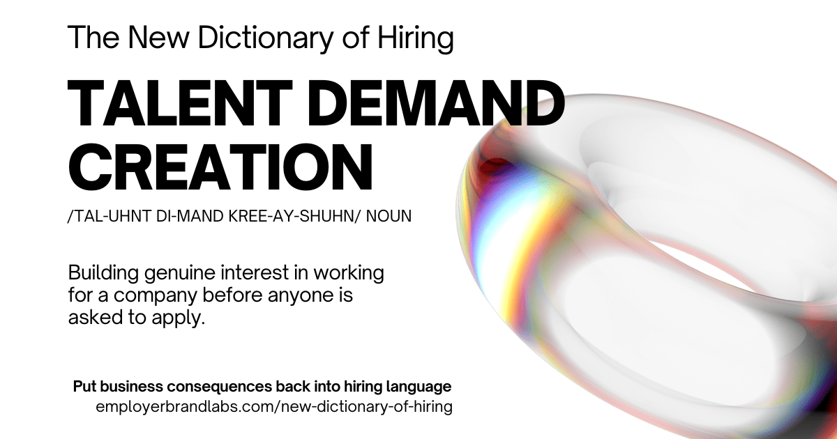The New Dictionary of Hiring card: Talent Demand Creation, noun. Building genuine interest in working for a company before anyone is asked to apply. Abstract iridescent glass shape on a white background.