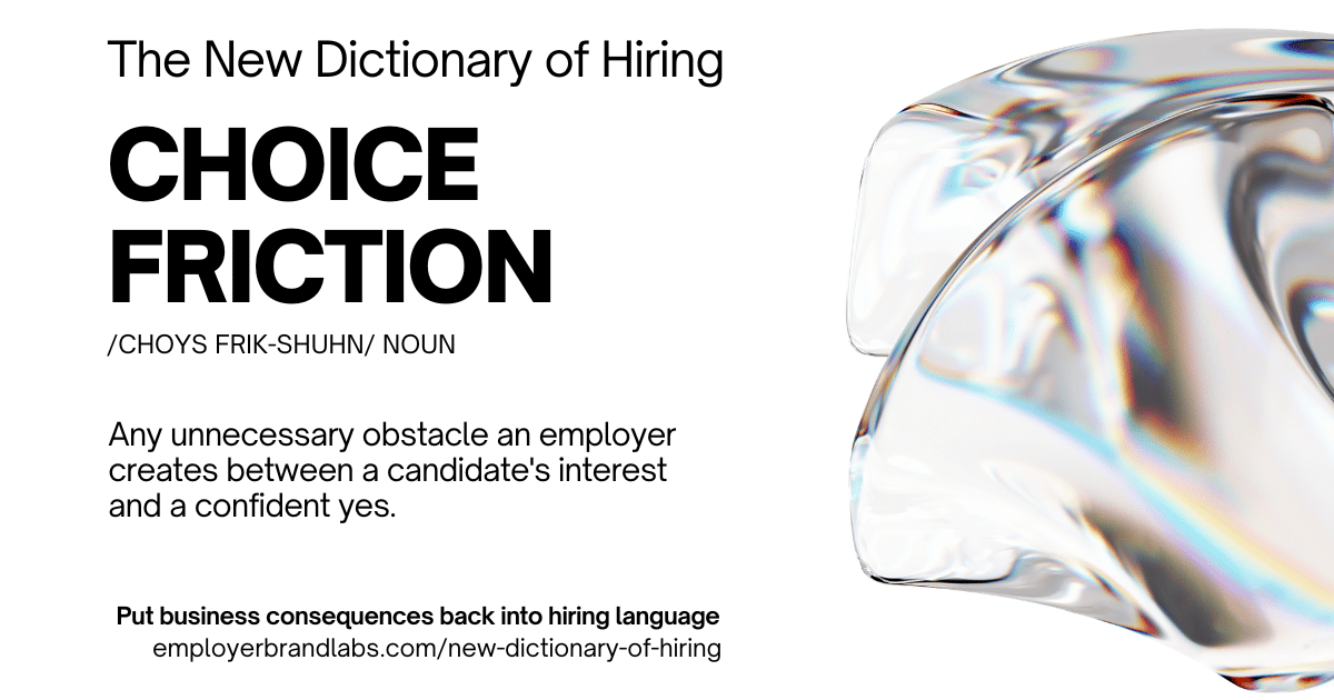 The New Dictionary of Hiring card: Choice Friction, noun. Any unnecessary obstacle an employer creates between a candidate's interest and a confident yes. Abstract iridescent glass shape on a white background.