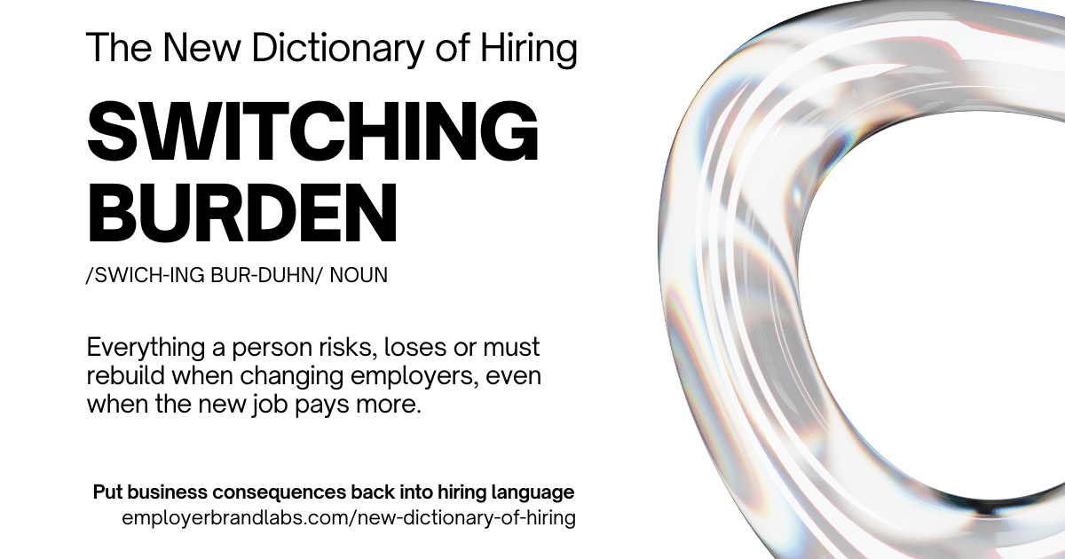 The New Dictionary of Hiring card: Switching Burden, noun. Everything a person risks, loses or must rebuild when changing employers, even when the new job pays more. Abstract iridescent glass shape on a white background.