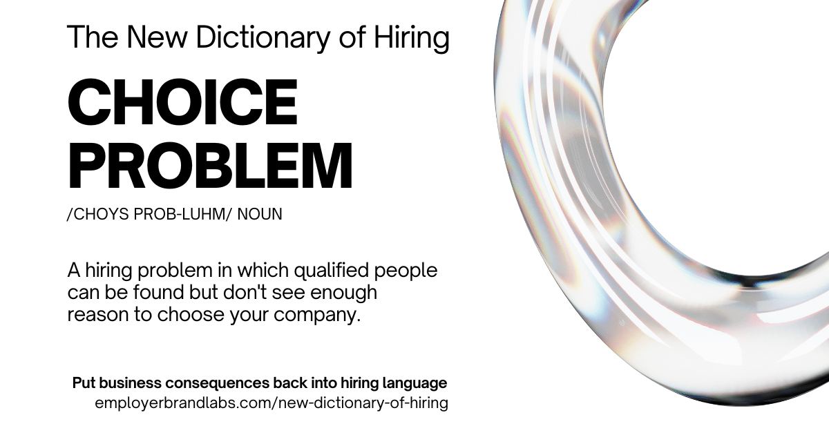 The New Dictionary of Hiring card: Choice Problem, noun. A hiring problem in which qualified people can be found but don't see enough reason to choose your company. Abstract iridescent glass shape on a white background.