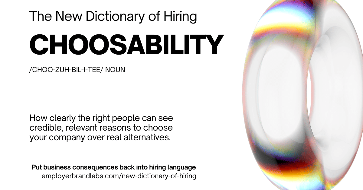 The New Dictionary of Hiring card: Choosability, noun. How clearly the right people can see credible, relevant reasons to choose your company over real alternatives. Abstract iridescent glass shape on a white background.