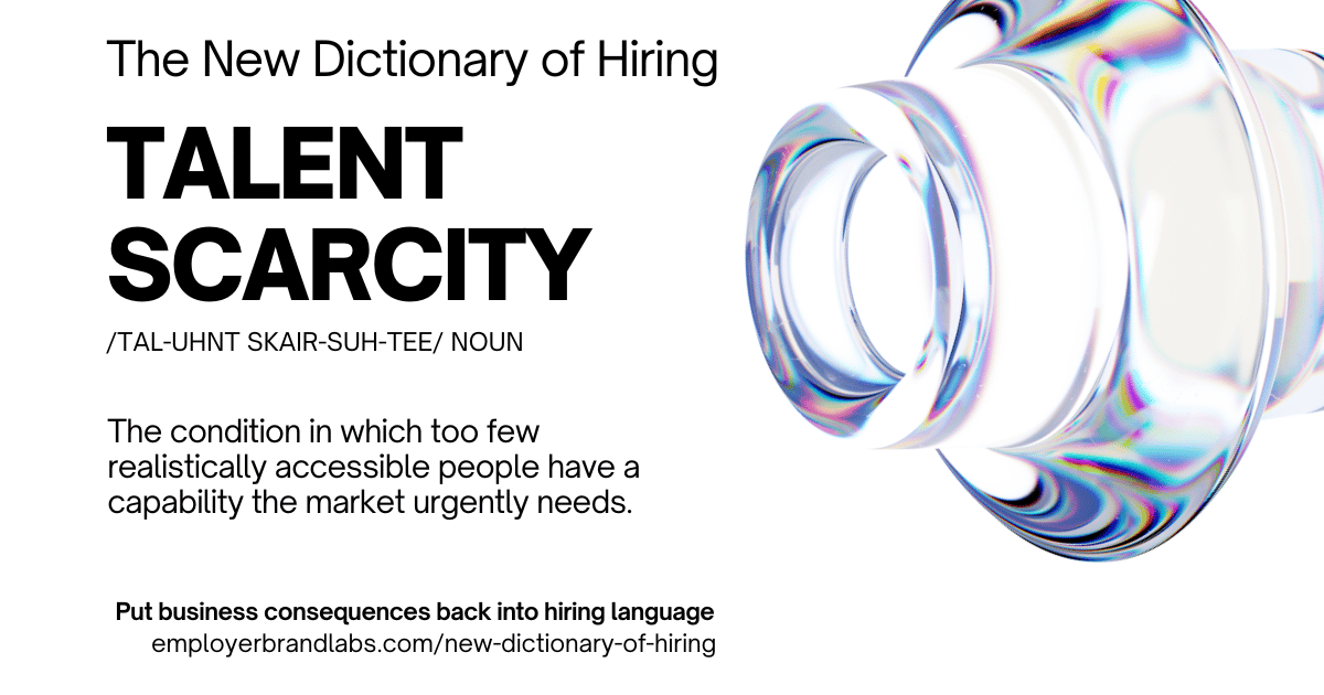 The New Dictionary of Hiring card: Talent Scarcity, noun. The condition in which too few realistically accessible people have a capability the market urgently needs. Abstract iridescent glass shape on a white background.