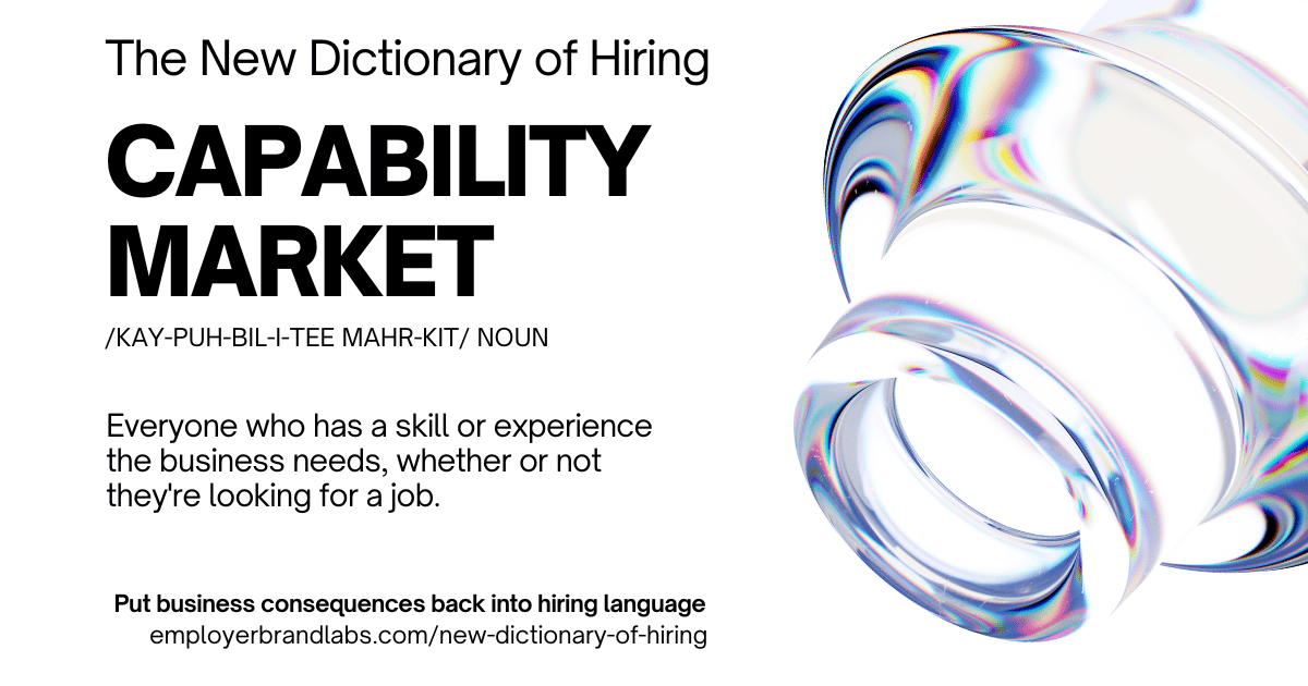 The New Dictionary of Hiring card: Capability Market, noun. Everyone who has a skill or experience the business needs, whether or not they're looking for a job. Abstract iridescent glass shape on a white background.