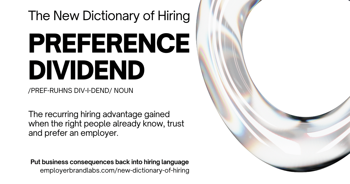 The New Dictionary of Hiring card: Preference Dividend, noun. The recurring hiring advantage gained when the right people already know, trust and prefer an employer. Abstract iridescent glass shape on a white background.