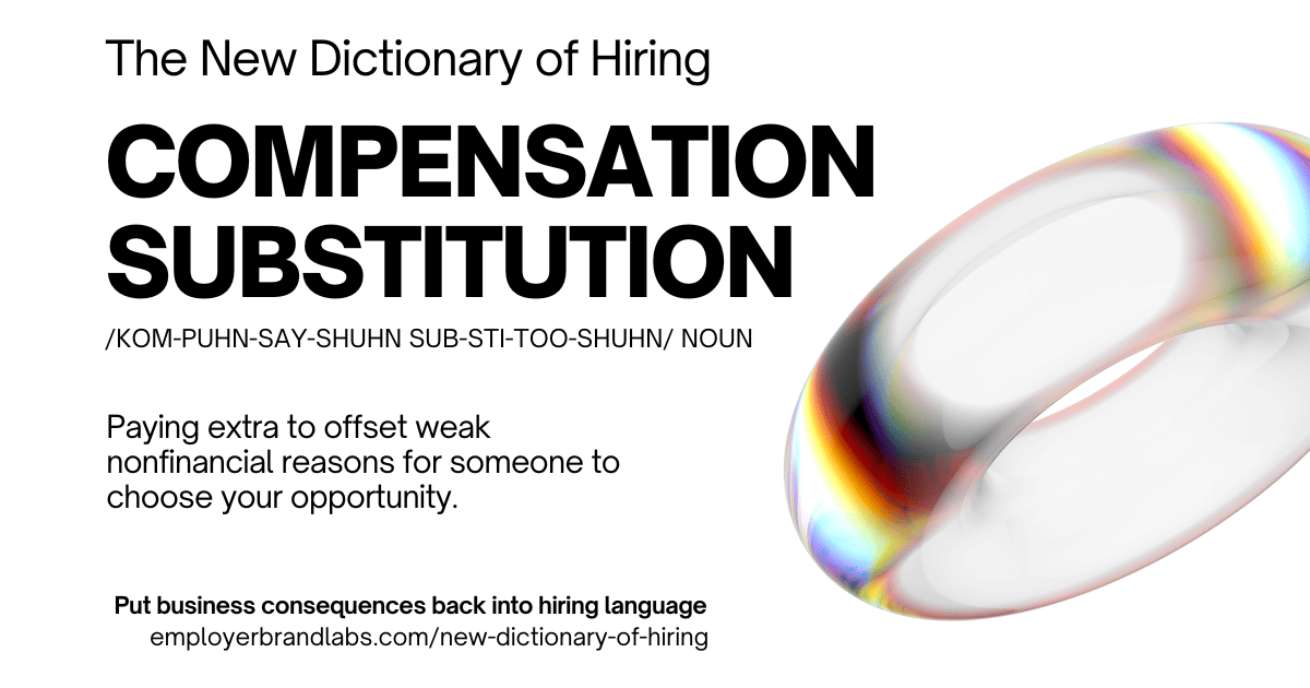 The New Dictionary of Hiring card: Compensation Substitution, noun. Paying extra to offset weak nonfinancial reasons for someone to choose your opportunity. Abstract iridescent glass shape on a white background.