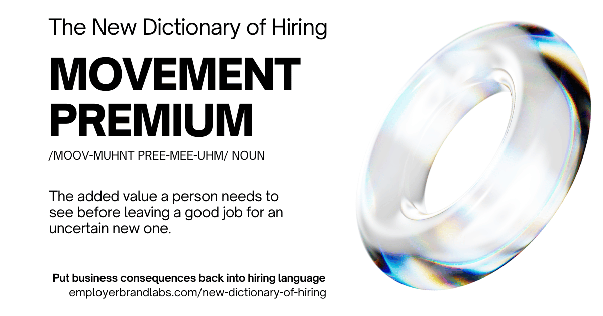The New Dictionary of Hiring card: Movement Premium, noun. The added value a person needs to see before leaving a good job for an uncertain new one. Abstract iridescent glass shape on a white background.