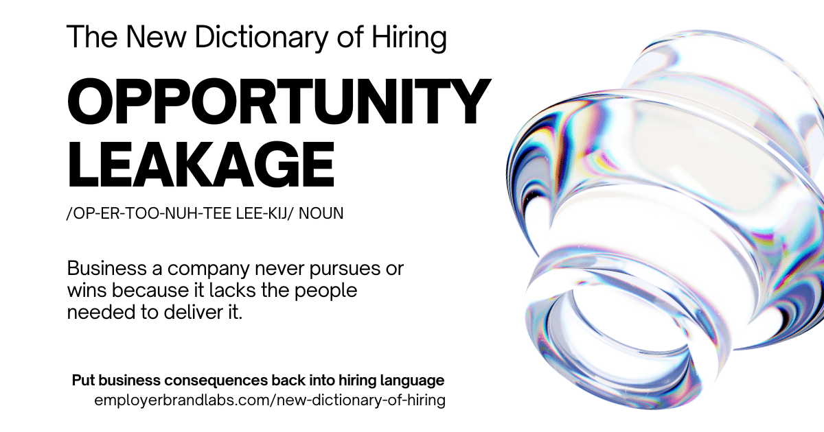 The New Dictionary of Hiring card: Opportunity Leakage, noun. Business a company never pursues or wins because it lacks the people needed to deliver it. Abstract iridescent glass shape on a white background.
