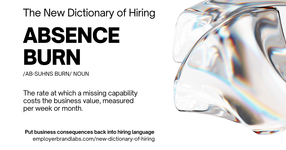 The New Dictionary of Hiring card: Absence Burn, noun. The rate at which a missing capability costs the business value, measured per week or month. Abstract iridescent glass shape on a white background.