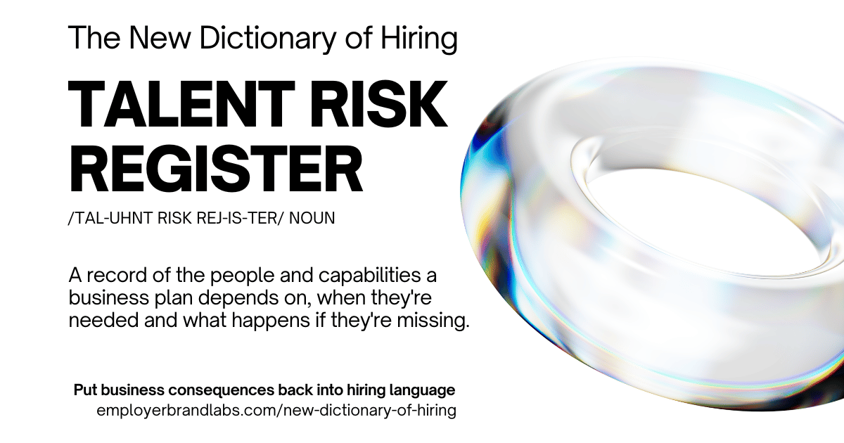 The New Dictionary of Hiring card: Talent Risk Register, noun. A record of the people and capabilities a business plan depends on, when they're needed and what happens if they're missing. Abstract iridescent glass shape on a white background.