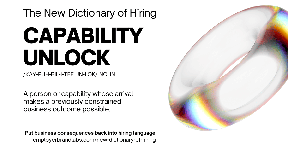 The New Dictionary of Hiring card: Capability Unlock, noun. A person or capability whose arrival makes a previously constrained business outcome possible. Abstract iridescent glass shape on a white background.