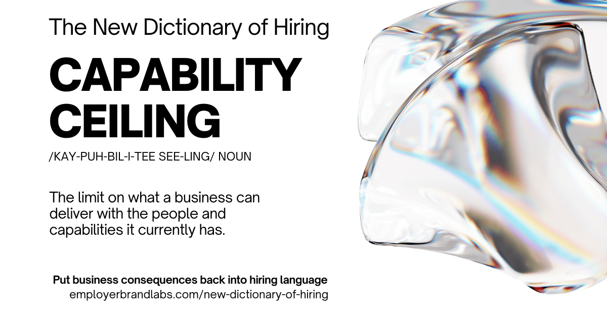 The New Dictionary of Hiring card: Capability Ceiling, noun. The limit on what a business can deliver with the people and capabilities it currently has. Abstract iridescent glass shape on a white background.