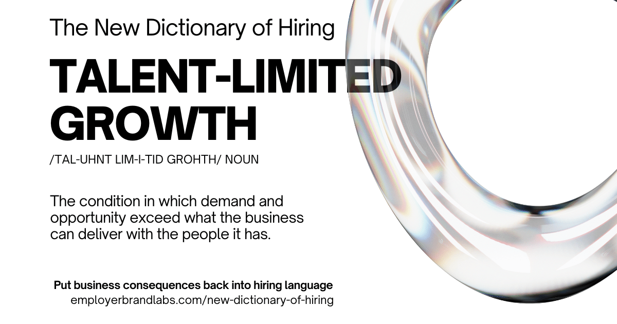 The New Dictionary of Hiring card: Talent-Limited Growth, noun. The condition in which demand and opportunity exceed what the business can deliver with the people it has. Abstract iridescent glass shape on a white background.