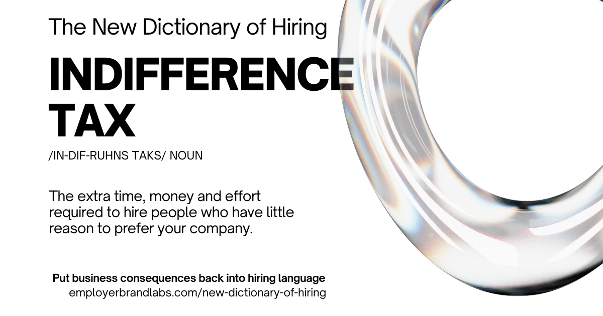 The New Dictionary of Hiring card: Indifference Tax, noun. The extra time, money and effort required to hire people who have little reason to prefer your company. Abstract iridescent glass shape on a white background.